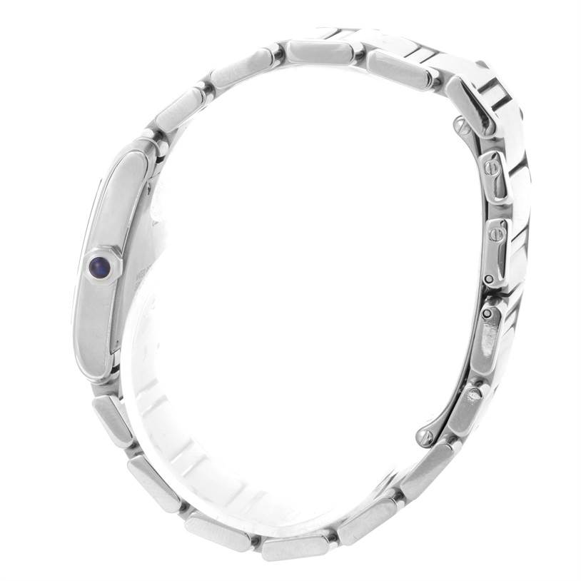 The image shows a side view of the Cartier Tank Francaise W51011Q3 Women's Stainless Steel Silver Dial W51011Q3 Women's Stainless Steel Silver Dial watch, focusing on the bracelet and the crown.