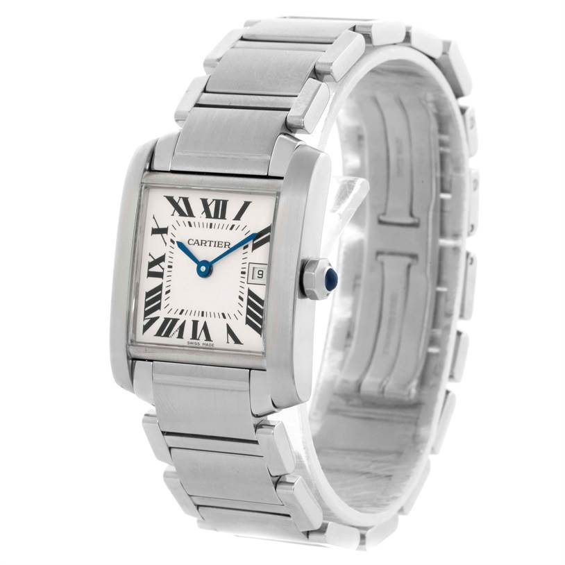 The Cartier Tank Francaise W51011Q3 Women's Stainless Steel Silver Dial W51011Q3 Women's Stainless Steel Silver Dial watch is shown at a front-view angle, highlighting its rectangular face and stainless steel bracelet.