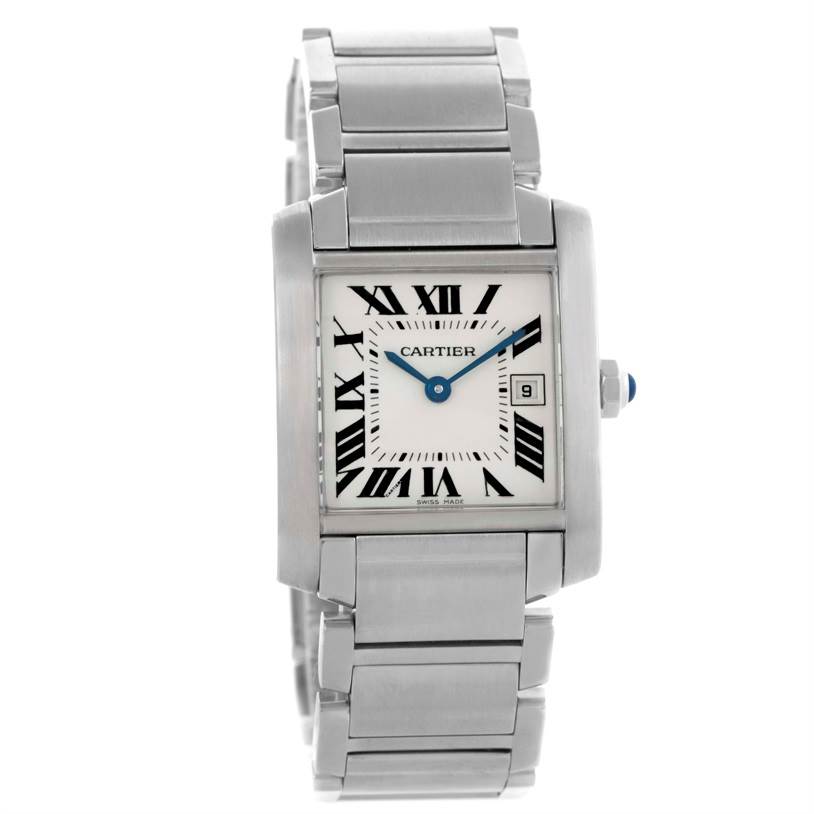 The image shows a front-facing view of the Cartier Tank Francaise W51011Q3 Women's Stainless Steel Silver Dial W51011Q3 Women's Stainless Steel Silver Dial watch, highlighting its face, strap, and crown.