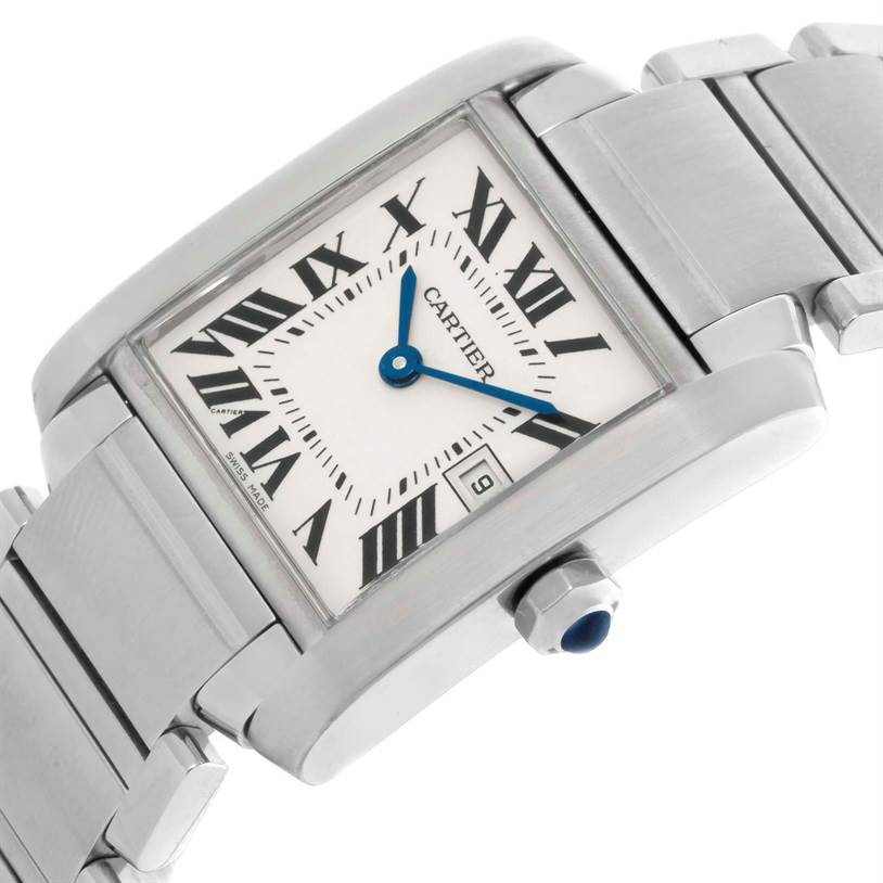 This image shows a close-up angle of the Cartier Tank Française watch, featuring its rectangular face, Roman numerals, and bracelet.
