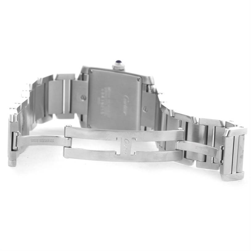 The image shows the back and clasp of the Cartier Tank Francaise W51011Q3 Women's Stainless Steel Silver Dial W51011Q3 Women's Stainless Steel Silver Dial watch, with a focus on the stainless steel bracelet.