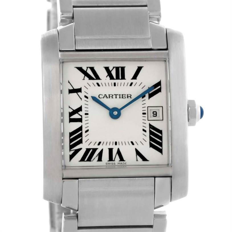 The image shows a close-up of a Cartier Tank Francaise W51011Q3 Women's Stainless Steel Silver Dial W51011Q3 Women's Stainless Steel Silver Dial watch, highlighting its face and part of the metal bracelet.