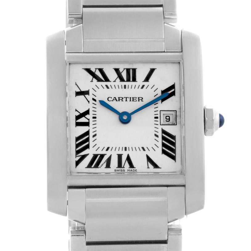 The image shows a frontal view of the Cartier Tank Francaise W51011Q3 Women's Stainless Steel Silver Dial W51011Q3 Women's Stainless Steel Silver Dial watch emphasizing its square case, bracelet, and Roman numeral dial.