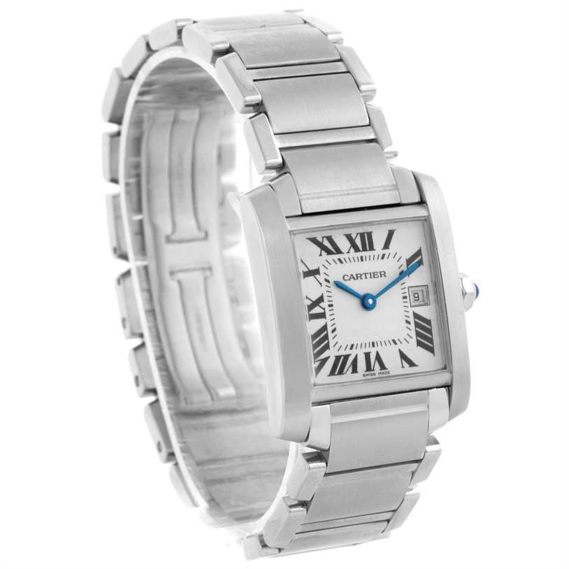 The image shows a Cartier Tank Francaise W51011Q3 Women's Stainless Steel Silver Dial W51011Q3 Women's Stainless Steel Silver Dial watch viewed diagonally, displaying its face, bracelet, and date window.