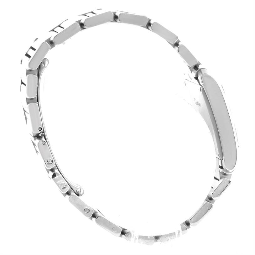 The image shows a side view of the bracelet and profile of the Tank Francaise watch by Cartier.