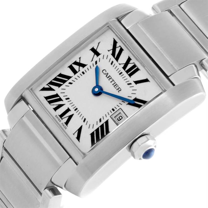 The image shows a close-up angle of the Cartier Tank Francaise W51011Q3 Women's Stainless Steel Silver Dial W51011Q3 Women's Stainless Steel Silver Dial watch, focusing on the face, crown, and part of the bracelet.