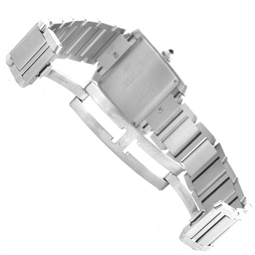 The image shows the clasp, the back of the case, and the bracelet of the Cartier Tank Francaise W51011Q3 Women's Stainless Steel Silver Dial W51011Q3 Women's Stainless Steel Silver Dial watch from a rear angle.