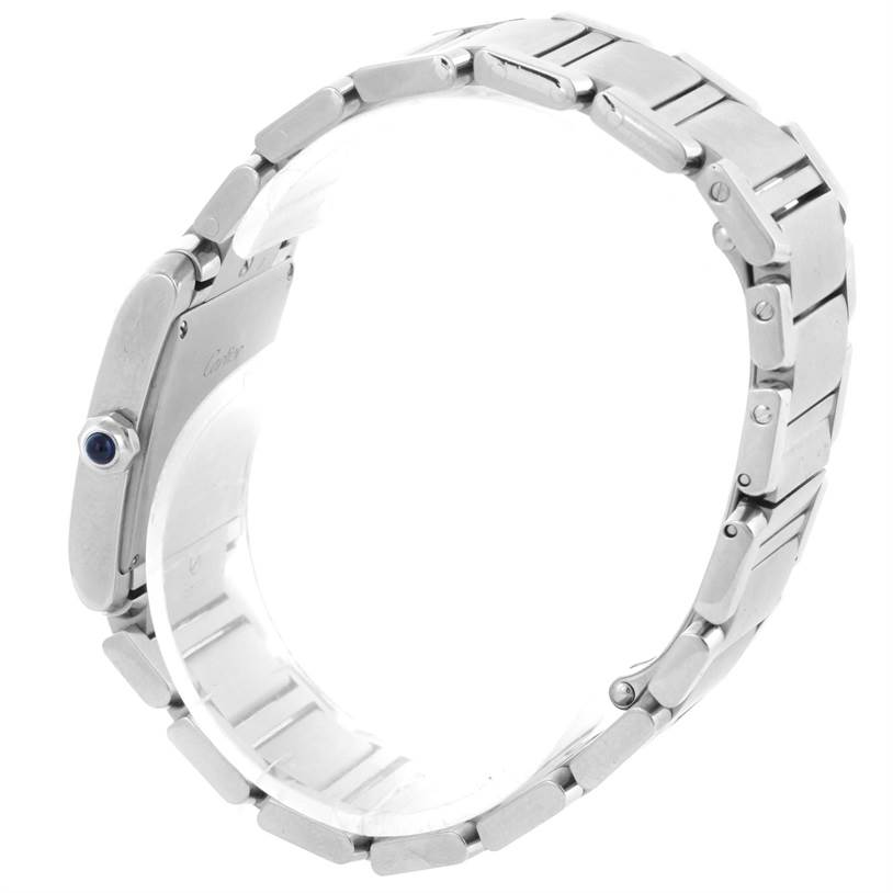 The image shows a Cartier Tank Française watch from a side angle, highlighting the bracelet and crown.