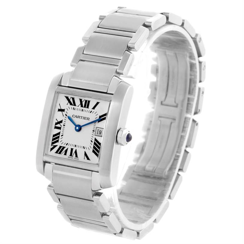 The image shows a three-quarter side view of the Cartier Tank Francaise W51011Q3 Women's Stainless Steel Silver Dial W51011Q3 Women's Stainless Steel Silver Dial watch displaying its face, bracelet, and crown.