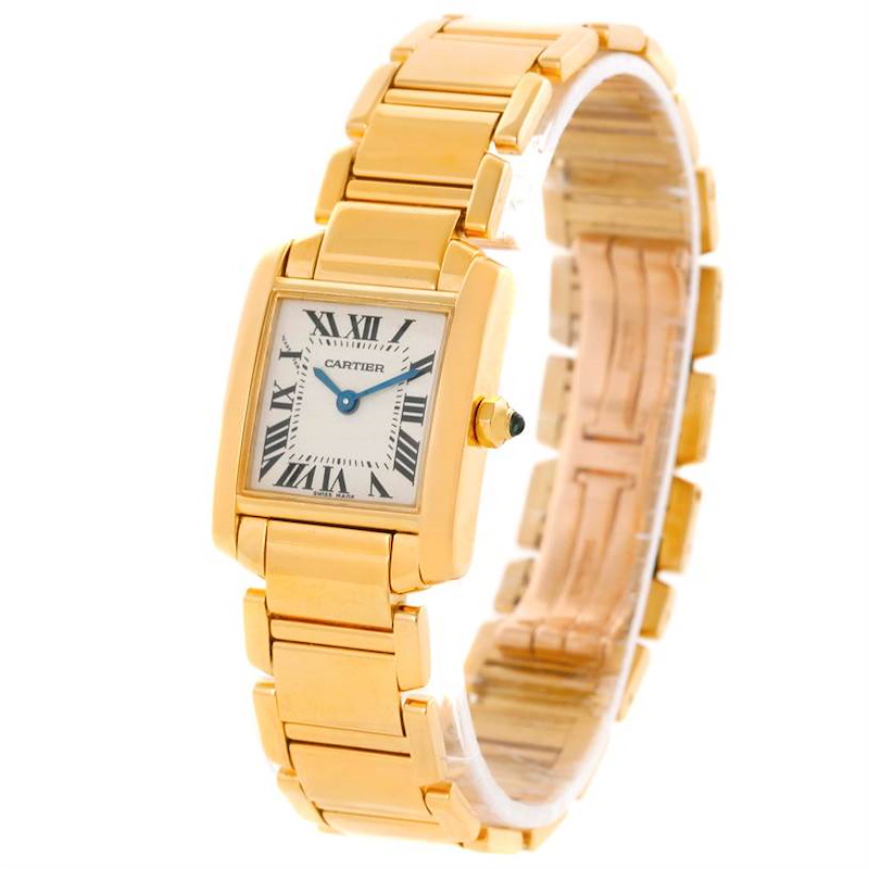 This image shows a Cartier Tank Française watch angled slightly to the right, displaying its face and bracelet in gold.