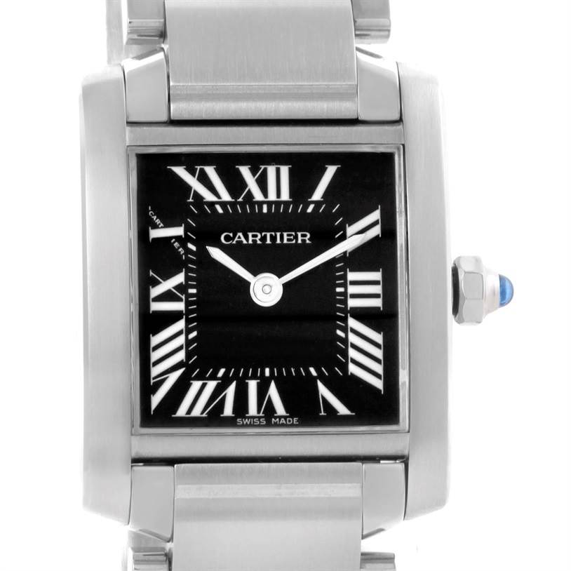 The image shows a frontal view of a Cartier Tank Française watch, displaying the face, case, and part of the bracelet.