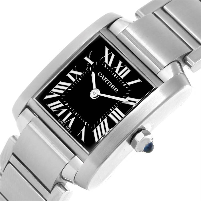This image shows a close-up, angled view of the Cartier Tank Française watch, focusing on the dial and part of the bracelet.