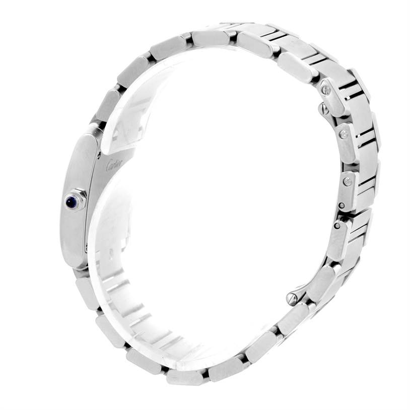 The image shows a side view of the Cartier Tank Francaise W51026Q3 Women's Stainless Steel Black Dial W51026Q3 Women's Stainless Steel Black Dial watch, highlighting its stainless steel bracelet and crown with a blue cabochon.