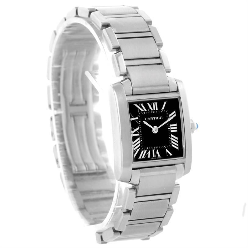 The image shows a Cartier Tank Francaise W51026Q3 Women's Stainless Steel Black Dial W51026Q3 Women's Stainless Steel Black Dial watch from an angle revealing its face, bezel, crown, and bracelet.