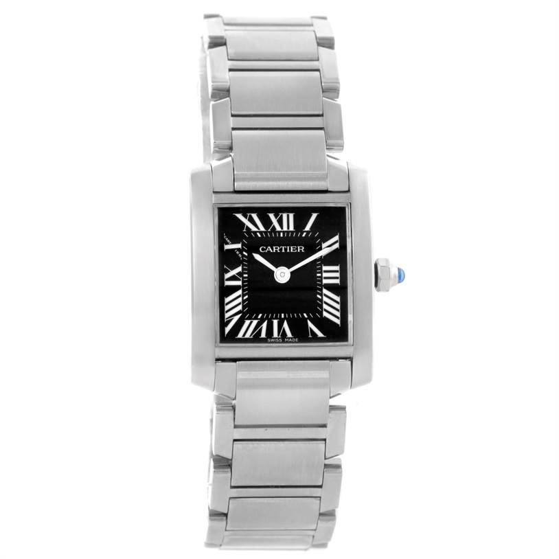 This image shows a front view of the Cartier Tank Française watch, displaying the face, bracelet, and crown.