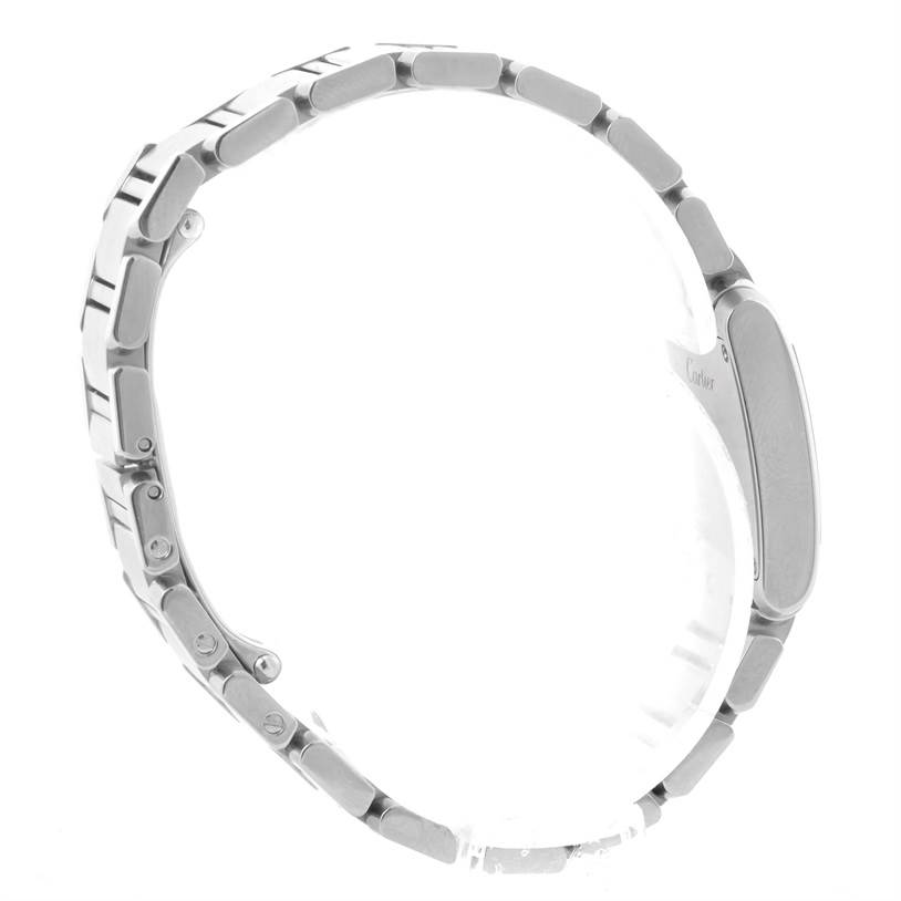 The image shows a side view of a Tank Française watch bracelet by Cartier, emphasizing the links and clasp.