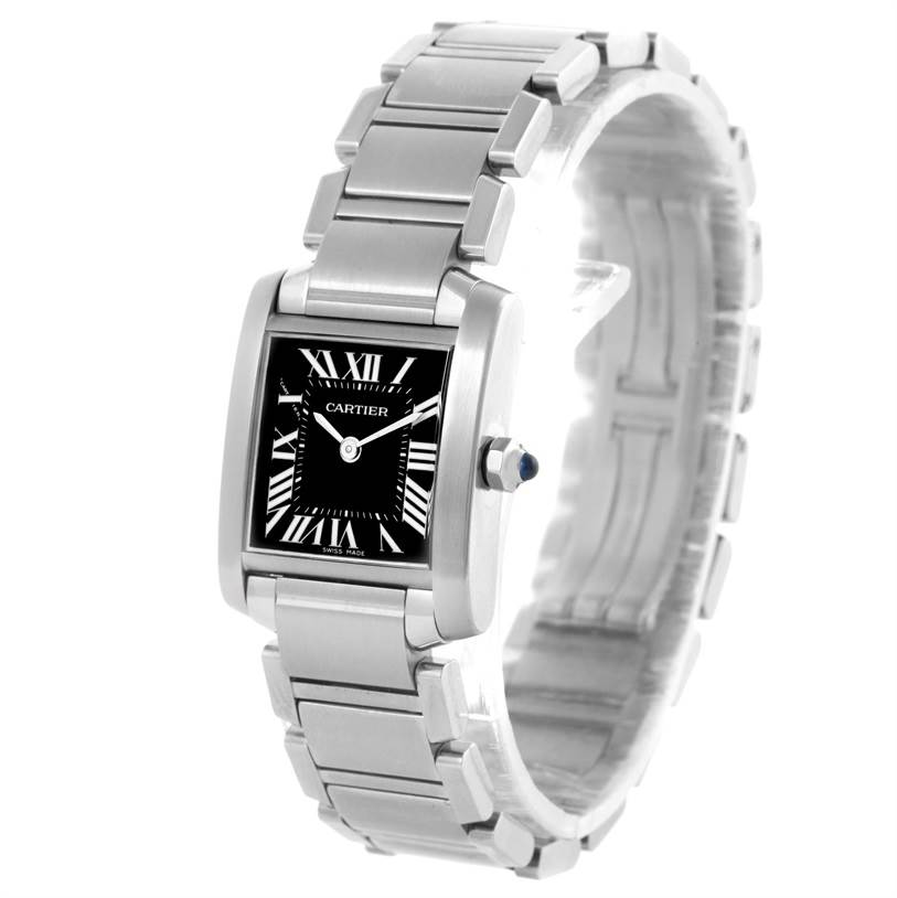 The image shows a Cartier Tank Francaise W51026Q3 Women's Stainless Steel Black Dial W51026Q3 Women's Stainless Steel Black Dial watch at a three-quarter angle, displaying its square face and metal bracelet.