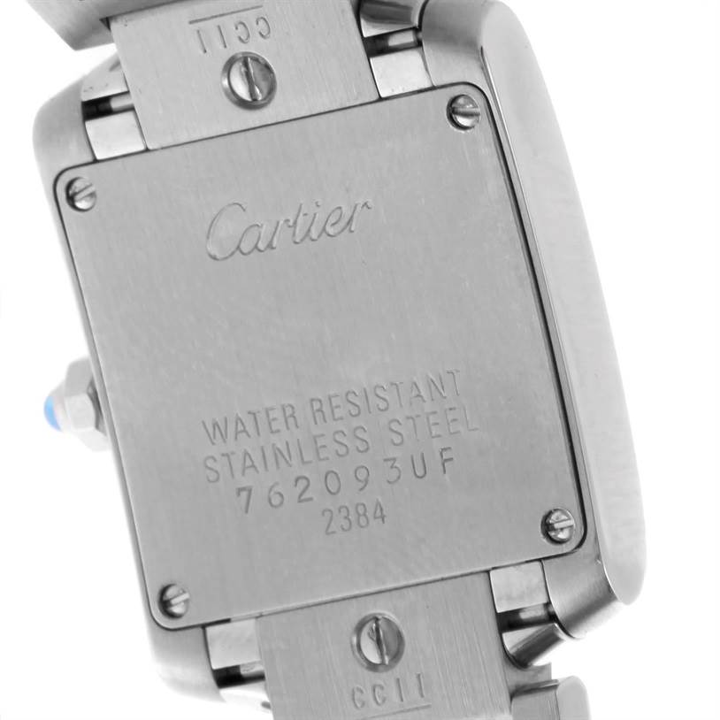 This image shows the backside of a Cartier Tank Francaise W51026Q3 Women's Stainless Steel Black Dial W51026Q3 Women's Stainless Steel Black Dial watch, highlighting the case back and the nearby bracelet links.