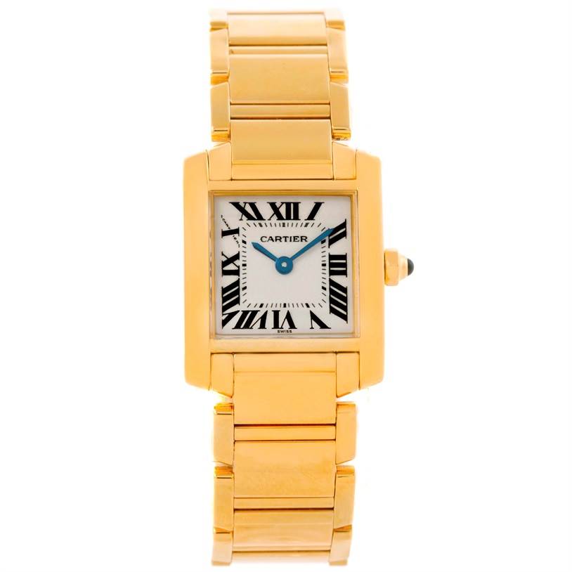 This image shows a Cartier Tank Francaise W50002N2 Women's Yellow Gold Silver Dial W50002N2 Women's Yellow Gold Silver Dial watch from a front angle, highlighting its gold bracelet and square dial.