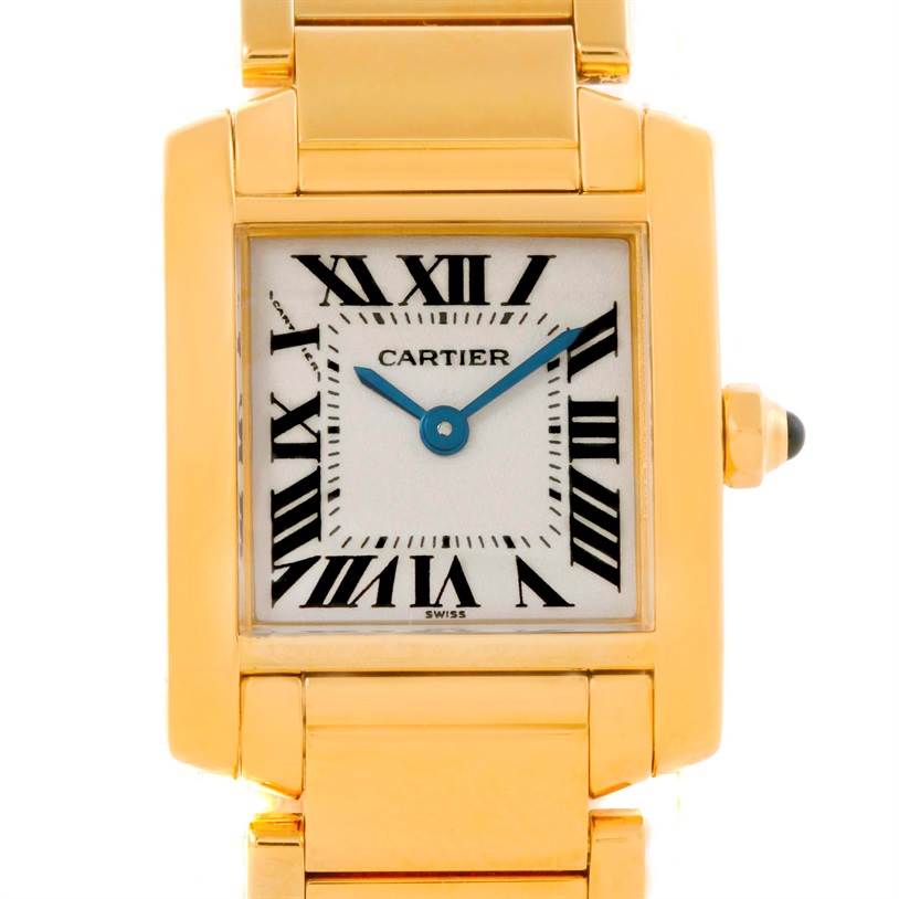 This image shows a front view of the Cartier Tank Française watch's face, bezel, crown, and part of the bracelet.