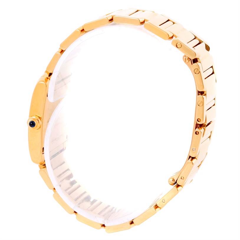 The image shows a side angle of the Cartier Tank Francaise W50002N2 Women's Yellow Gold Silver Dial W50002N2 Women's Yellow Gold Silver Dial watch, focusing on the bracelet and crown.