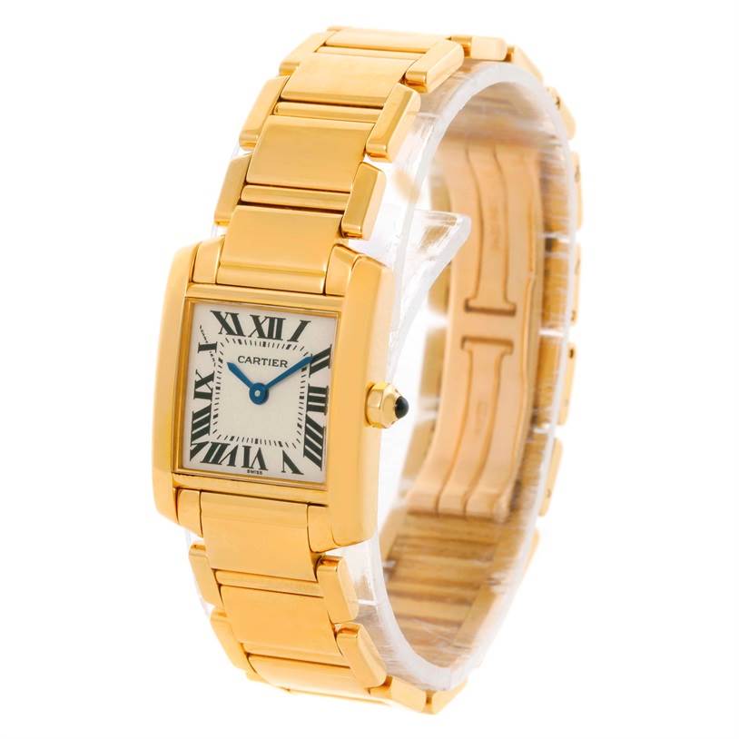 This image shows a Cartier Tank Francaise W50002N2 Women's Yellow Gold Silver Dial W50002N2 Women's Yellow Gold Silver Dial watch from an angled view, highlighting its gold bracelet, square dial, and Roman numerals.