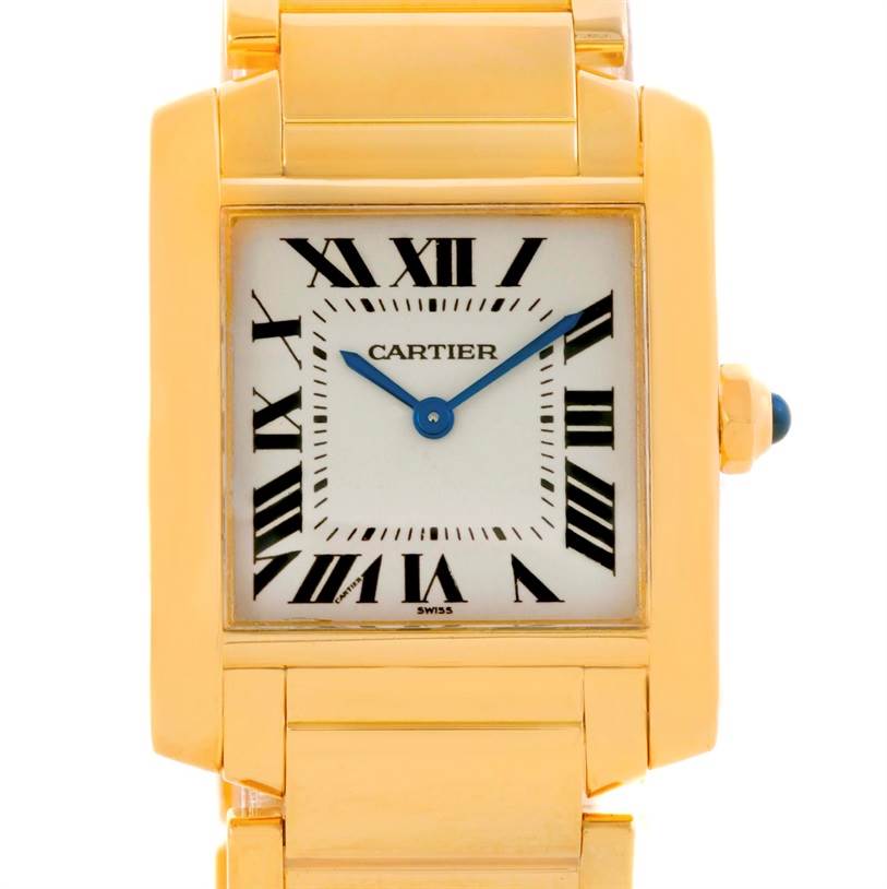 The image displays a frontal view of the Cartier Tank Francaise W50003N2 Women's Yellow Gold Silver Dial W50003N2 Women's Yellow Gold Silver Dial watch showing its face and part of its gold bracelet.