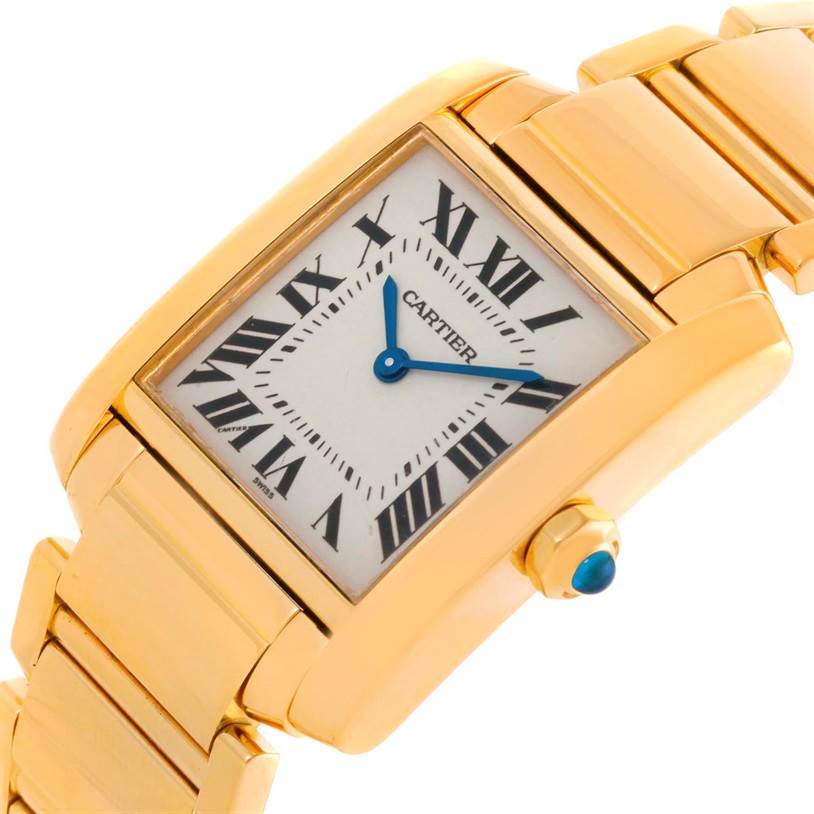 The Tank Francaise by Cartier is shown at an angled view, highlighting the face, dial, crown, and bracelet.