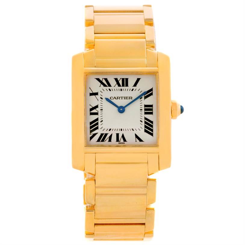 This image shows a front view of a Cartier Tank Francaise W50003N2 Women's Yellow Gold Silver Dial W50003N2 Women's Yellow Gold Silver Dial watch, highlighting its gold band and rectangular face with Roman numerals.