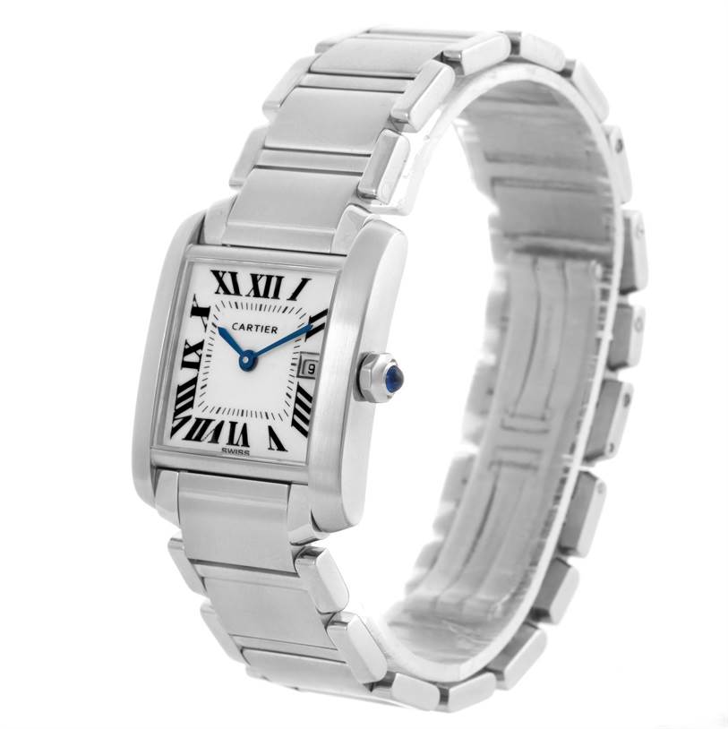 The image shows a Cartier Tank Française watch at a three-quarter angle, displaying the face, crown, and part of the metal bracelet.