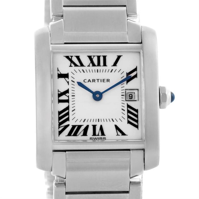 The image shows a frontal view of a Cartier Tank Francaise watch, highlighting the face, hands, crown, and part of the bracelet.