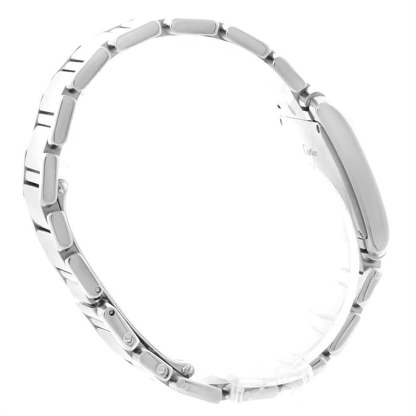 The image shows a side view of a Cartier Tank Française watch, highlighting the bracelet and clasp.