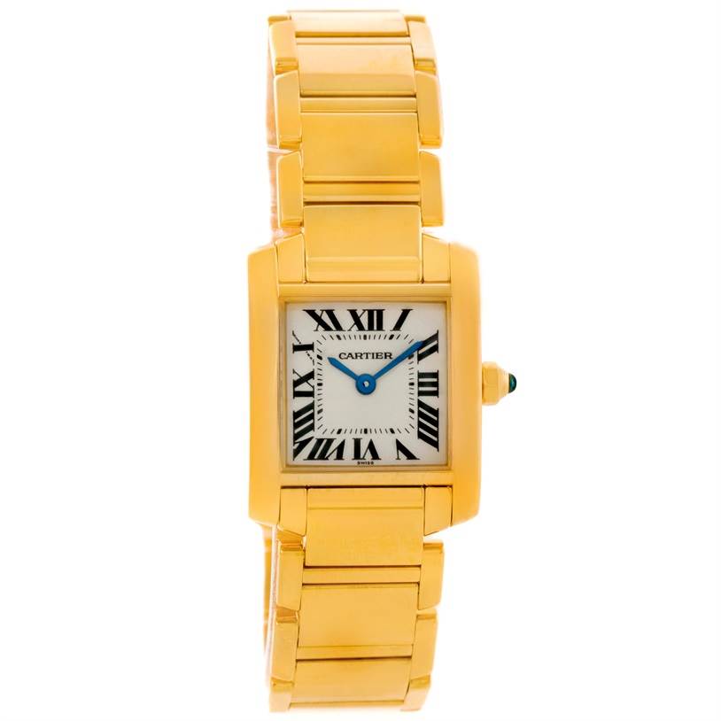 This image shows the front view of a Cartier Tank Francaise W50002N2 Women's Yellow Gold Silver Dial W50002N2 Women's Yellow Gold Silver Dial watch, highlighting the face, dial, and bracelet.