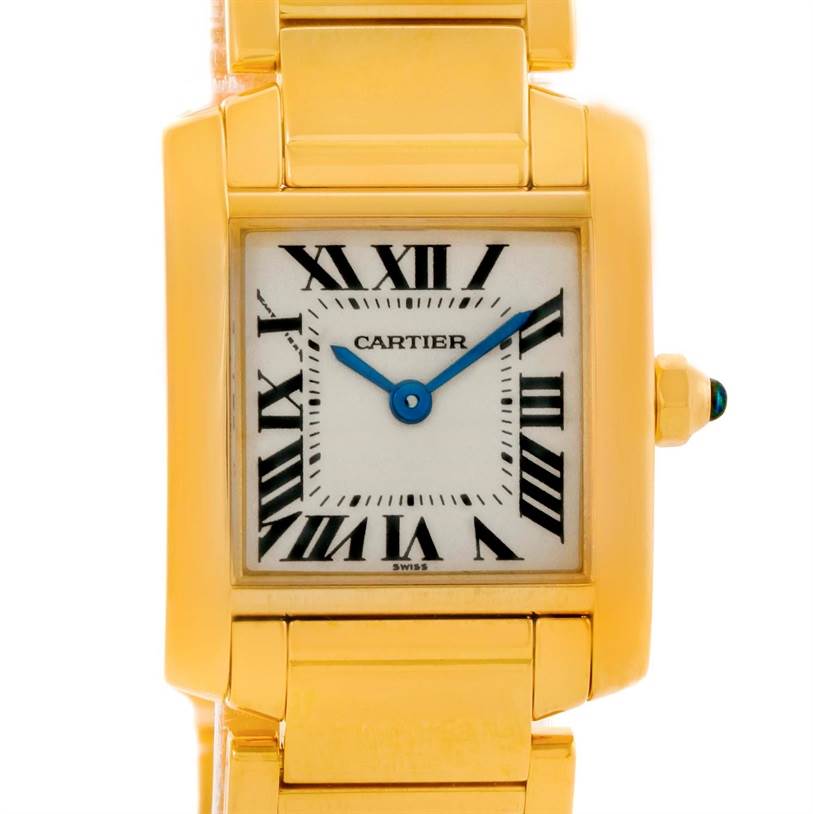The image shows a frontal view of the Cartier Tank Francaise W50002N2 Women's Yellow Gold Silver Dial W50002N2 Women's Yellow Gold Silver Dial watch, highlighting its rectangular face, roman numerals, and linked bracelet.