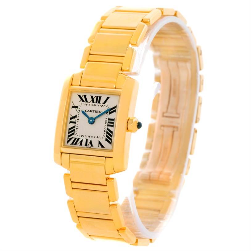 The image shows a side angle of the Cartier Tank Francaise W50002N2 Women's Yellow Gold Silver Dial W50002N2 Women's Yellow Gold Silver Dial watch, highlighting its gold bracelet and rectangular face.