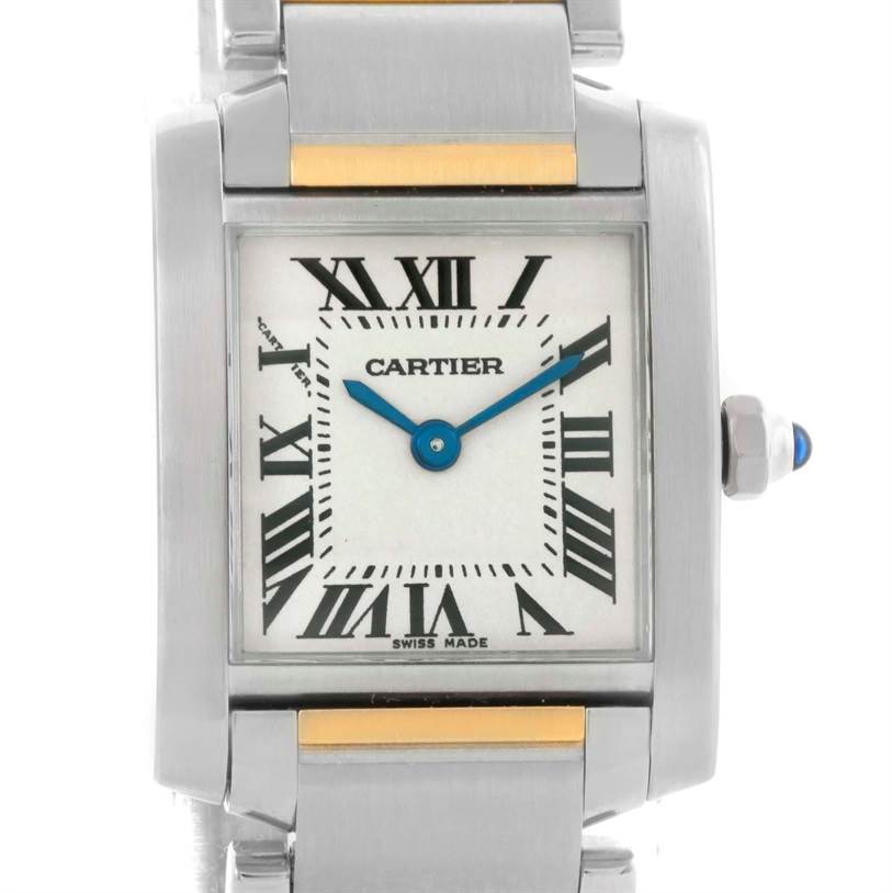 The Cartier Tank Francaise W51007Q4 Women's Steel and Gold (two tone) Silver Dial W51007Q4 Women's Steel and Gold (two tone) Silver Dial watch is shown from the front, displaying the dial, hands, Roman numerals, and part of the metal band.