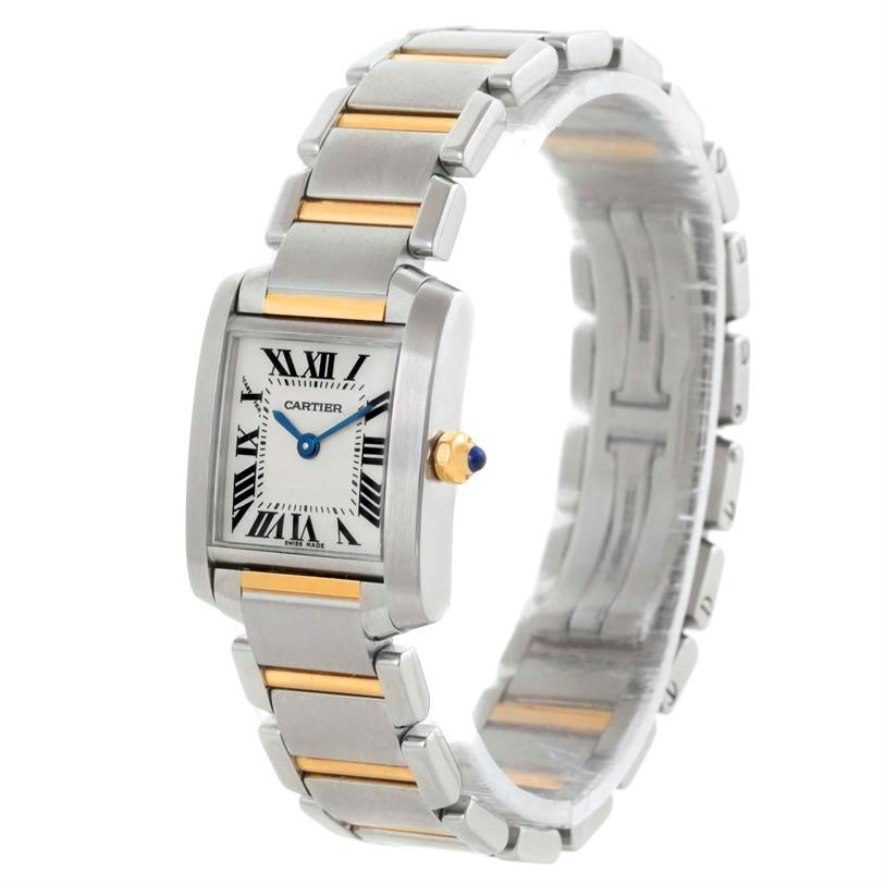 This image shows a Cartier Tank Francaise W51007Q4 Women's Steel and Gold (two tone) Silver Dial W51007Q4 Women's Steel and Gold (two tone) Silver Dial watch from a front-side angle, highlighting its rectangular face and two-tone bracelet.