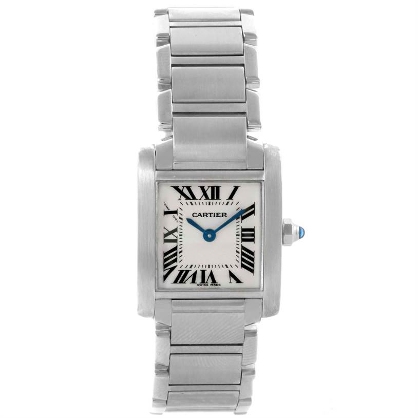 The image shows a frontal view of a Cartier Tank Francaise W51008Q3 Women's Stainless Steel Silver Dial W51008Q3 Women's Stainless Steel Silver Dial watch, displaying its face, bracelet, and crown.