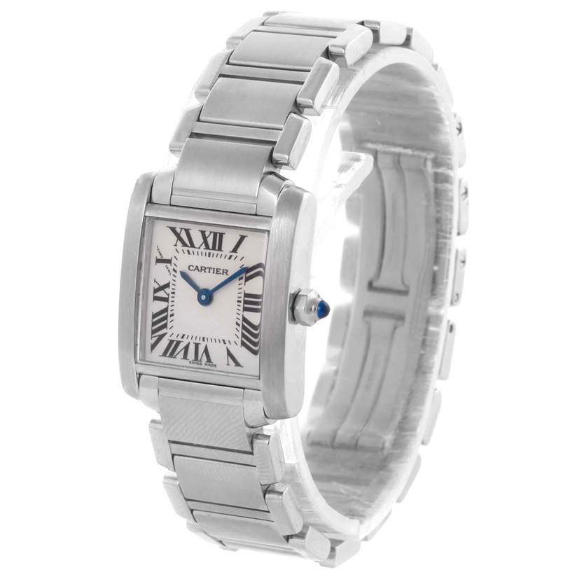 The image shows a front angled view of the Cartier Tank Française watch, highlighting the face, bezel, and metal bracelet.