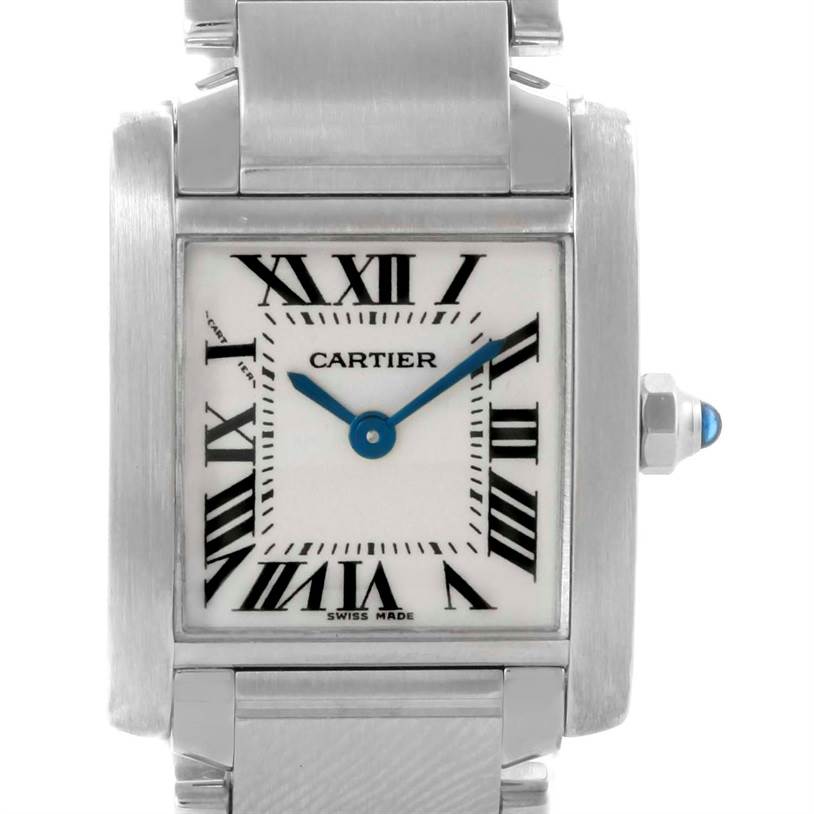 The image shows a frontal view of the Cartier Tank Francaise W51008Q3 Women's Stainless Steel Silver Dial W51008Q3 Women's Stainless Steel Silver Dial watch, highlighting its face, Roman numerals, and crown with a blue gem.
