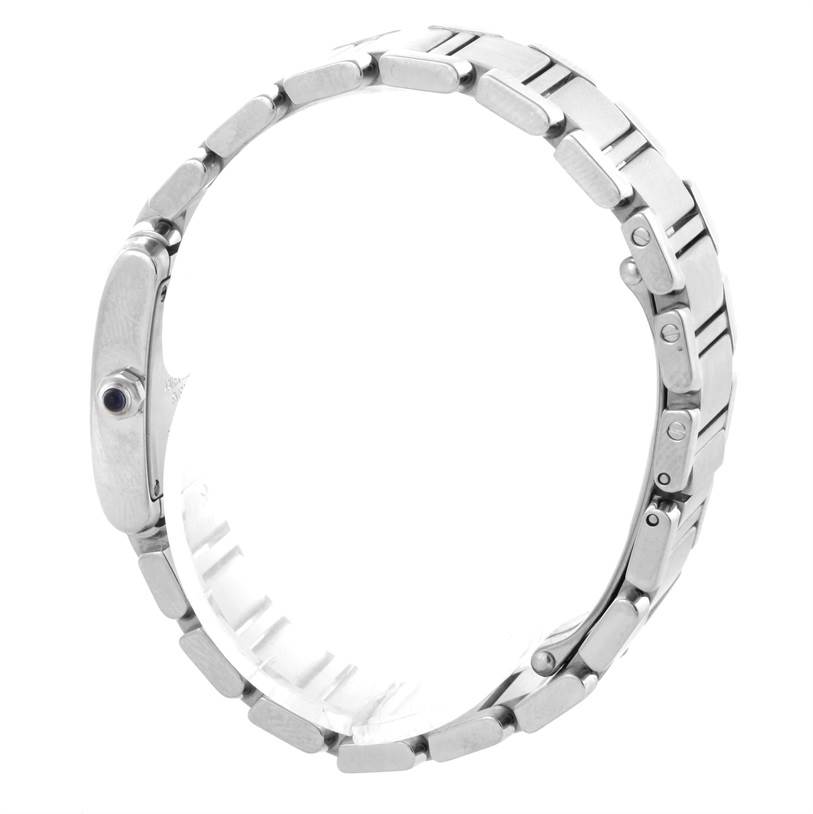 This image shows a side view of a Tank Française watch by Cartier, focusing on the bracelet and crown.