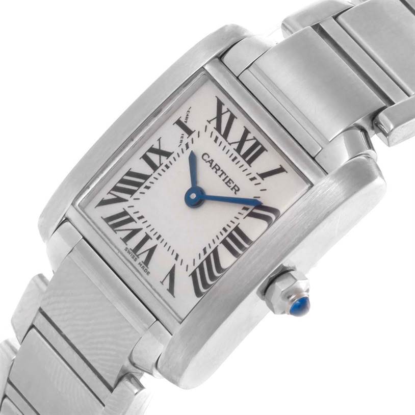 The image shows a close-up angled view of the face, case, and part of the metal bracelet of a Cartier Tank Francaise W51008Q3 Women's Stainless Steel Silver Dial W51008Q3 Women's Stainless Steel Silver Dial watch.