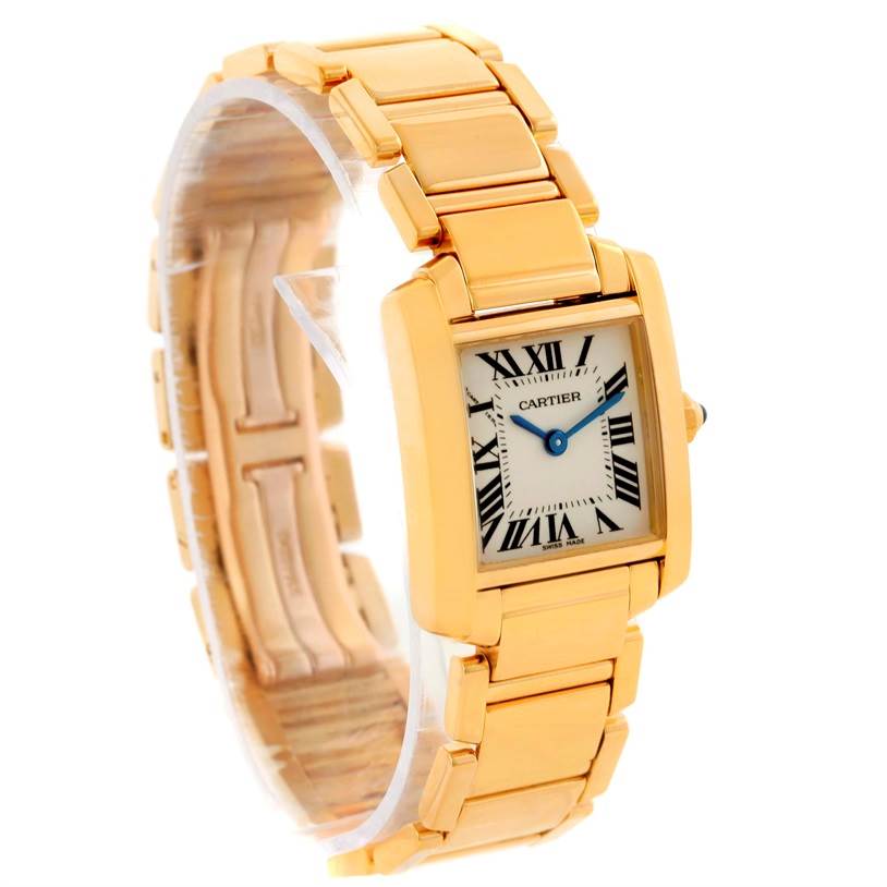 The image shows a Cartier Tank Francaise W50002N2 Women's Yellow Gold Silver Dial W50002N2 Women's Yellow Gold Silver Dial watch at a slight diagonal angle, displaying its gold band and square face with Roman numerals.