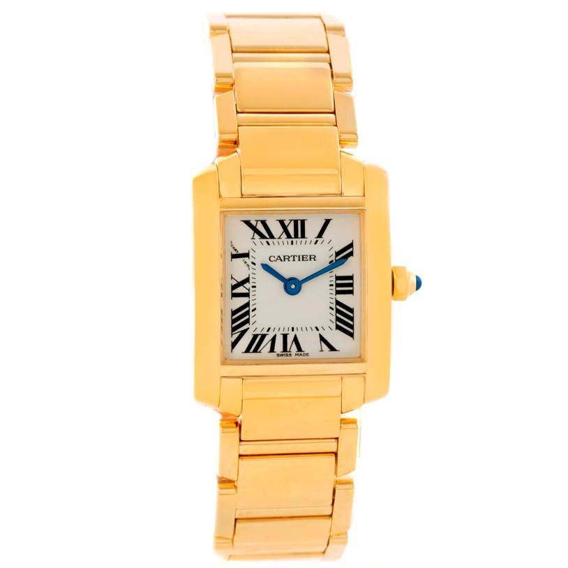 This image shows the front view of a Cartier Tank Francaise W50002N2 Women's Yellow Gold Silver Dial W50002N2 Women's Yellow Gold Silver Dial watch, featuring its rectangular face, roman numerals, and linked gold bracelet.