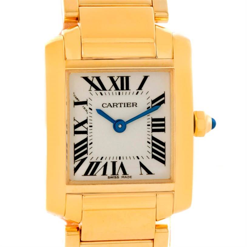 The image shows a Cartier Tank Francaise W50002N2 Women's Yellow Gold Silver Dial W50002N2 Women's Yellow Gold Silver Dial watch from a front angle, highlighting its rectangular case, Roman numeral dial, and metal bracelet.