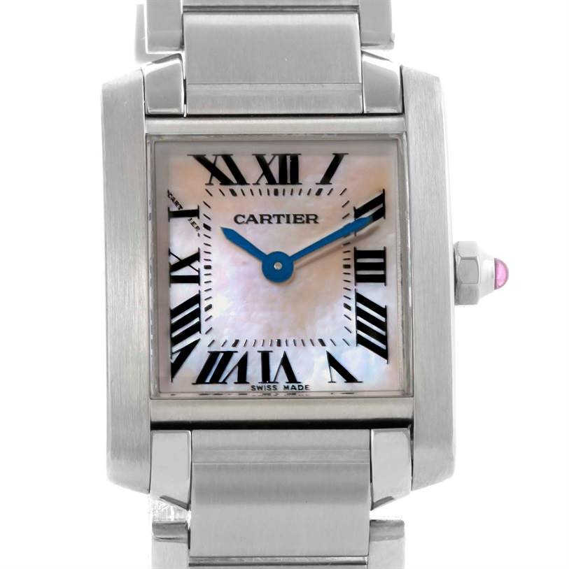 The image shows a head-on view of a Cartier Tank Francaise W51028Q3 Women's Stainless Steel Mother of Pearl Dial W51028Q3 Women's Stainless Steel Mother of Pearl Dial watch, focusing on its face, bezel, and part of the bracelet.