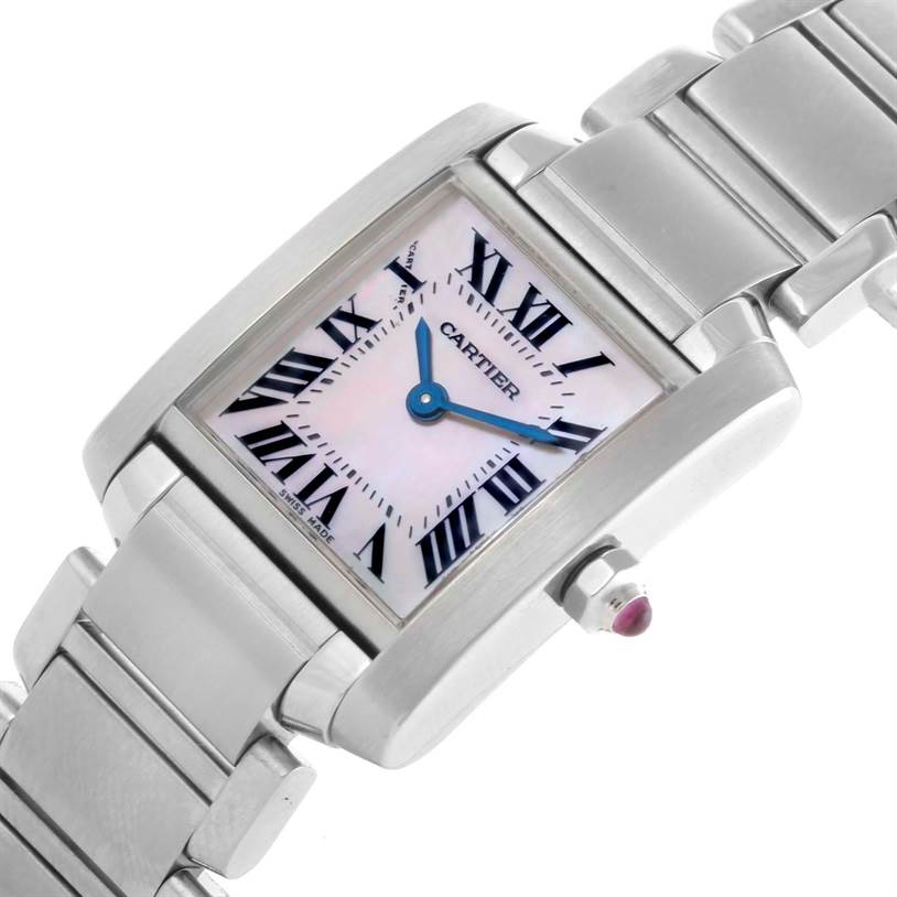 This image shows a close-up of a Cartier Tank Francaise W51028Q3 Women's Stainless Steel Mother of Pearl Dial W51028Q3 Women's Stainless Steel Mother of Pearl Dial watch, focusing on the face, bezel, crown, and part of the bracelet.