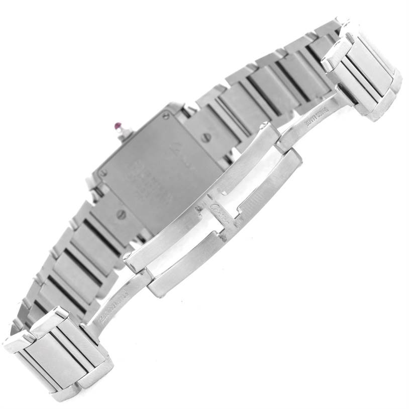 The image shows the back of the Tank Francaise watch by Cartier, including the bracelet and clasp.