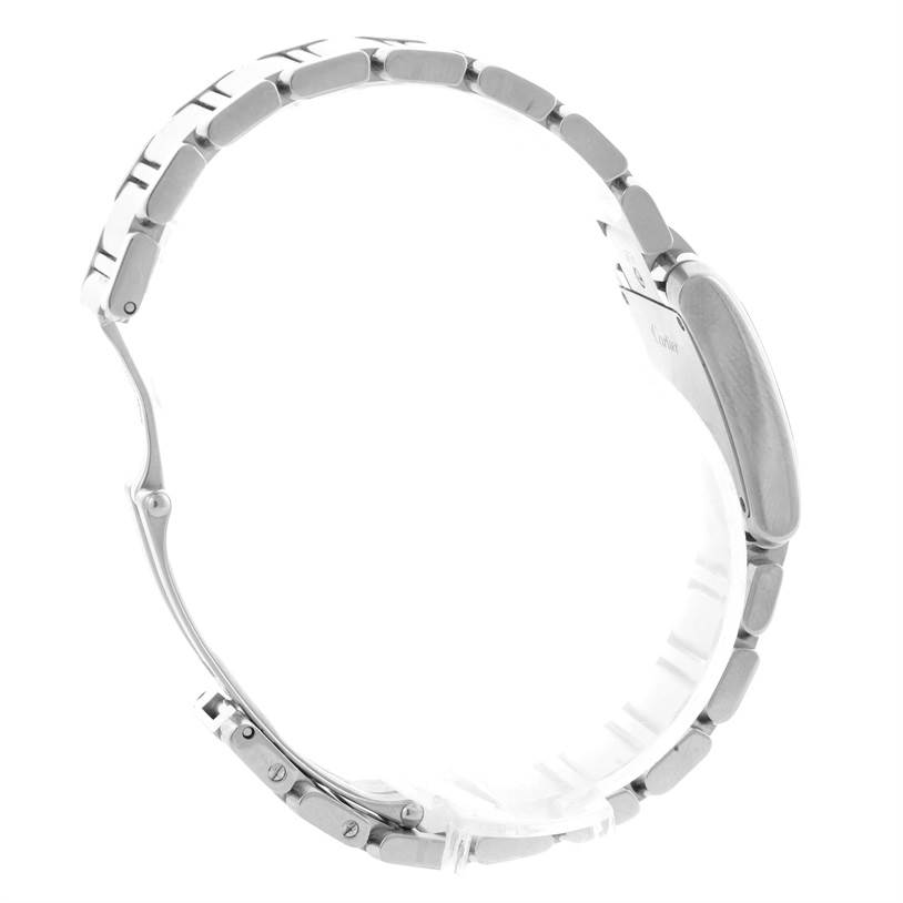 The image shows a side profile of a Cartier Tank Francaise W51028Q3 Women's Stainless Steel Mother of Pearl Dial W51028Q3 Women's Stainless Steel Mother of Pearl Dial watch, highlighting the metal bracelet and partially the watch case.