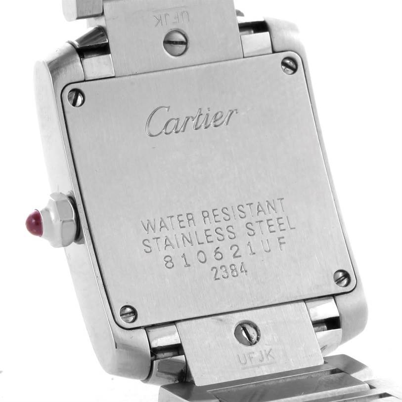 The image shows the back view of a Cartier Tank Francaise W51028Q3 Women's Stainless Steel Mother of Pearl Dial W51028Q3 Women's Stainless Steel Mother of Pearl Dial watch, featuring stainless steel casing and engraved details.